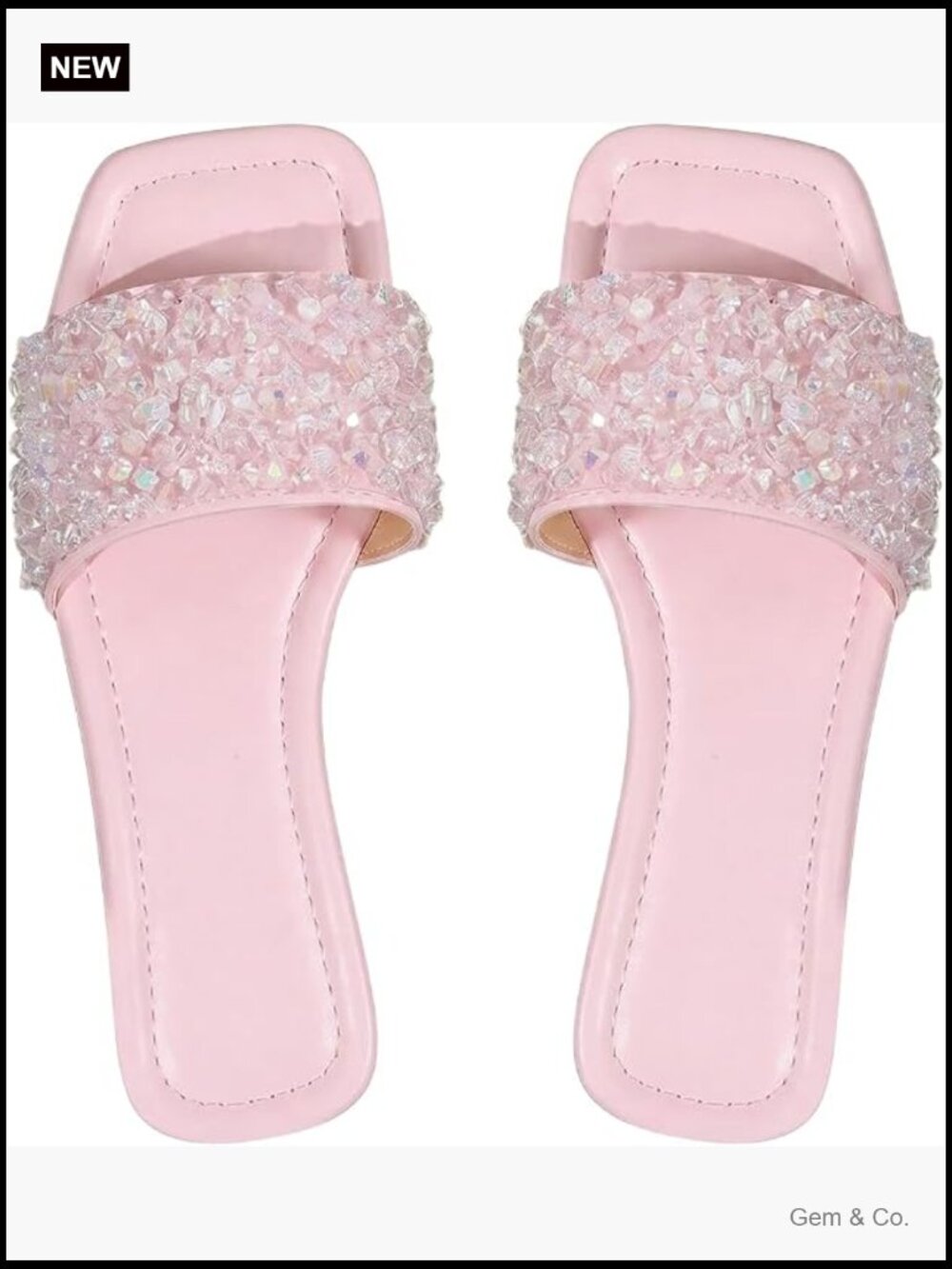 Women's Rhinestone Sparkly Flat Sandals Square Toe Dressy Slides | Bling